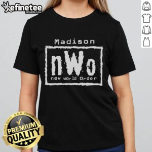 Official Madison nWo New World Order ladies tee in black, featuring iconic logo and stylish design for wrestling fans.