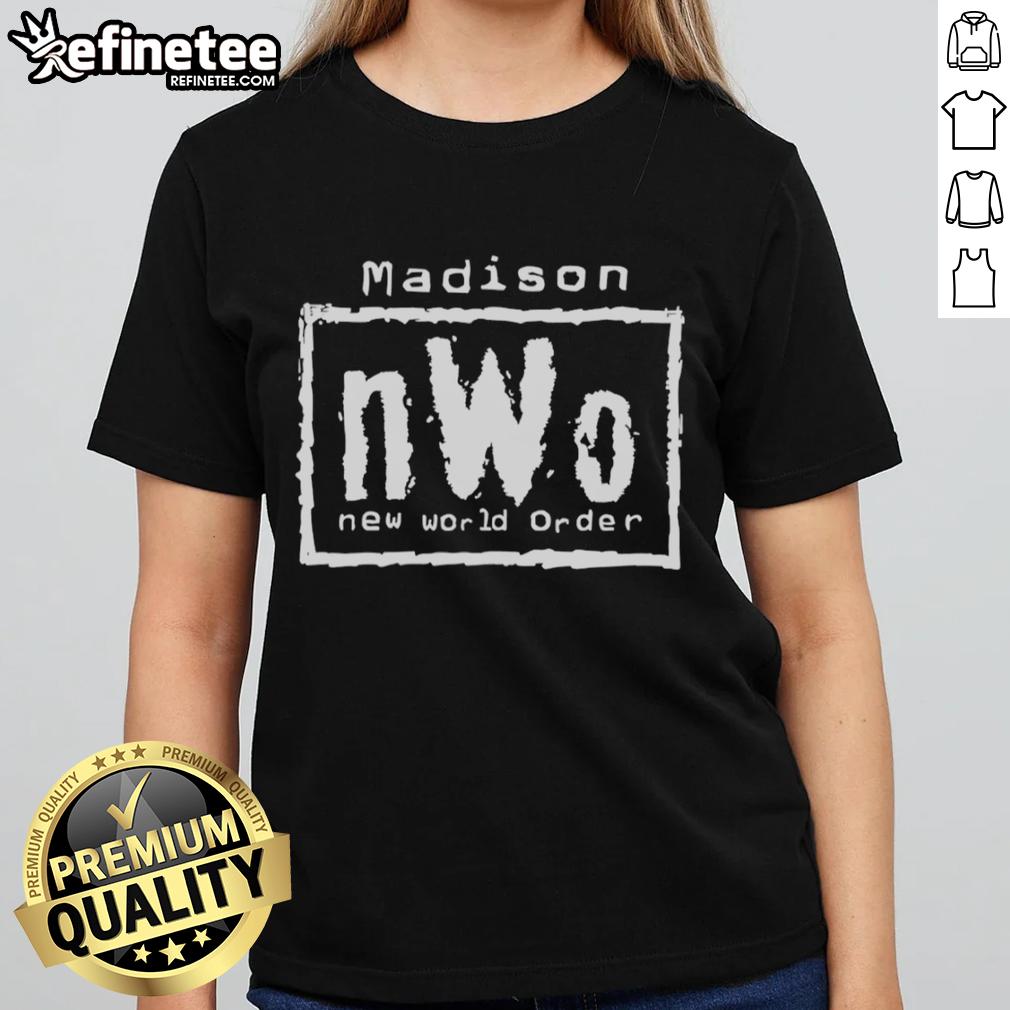 Official Madison nWo New World Order ladies tee in black, featuring iconic logo and stylish design for wrestling fans.