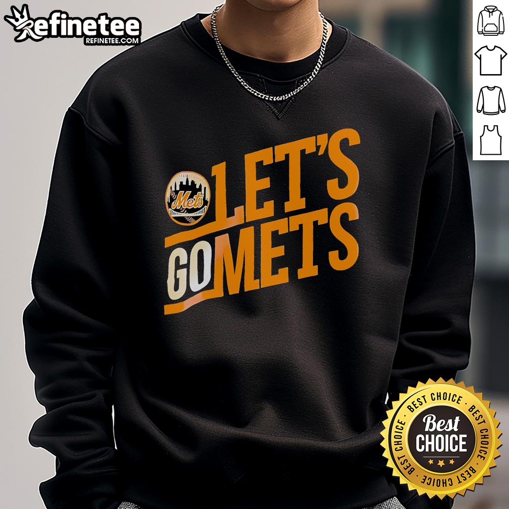 Alt Text: Official Mets logo on a stylish sweatshirt, perfect for fans showing their support with Let's Go Mets! design.