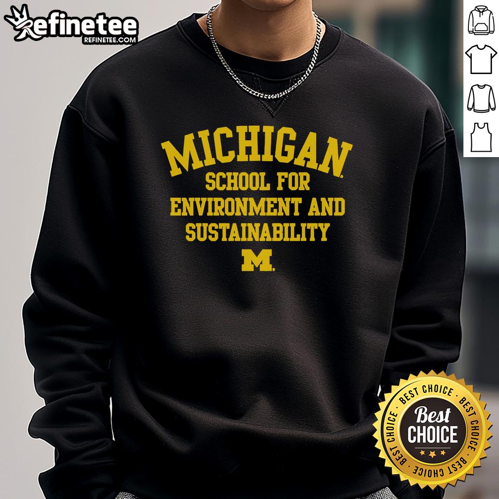 Official Michigan Wolverines School for Environment and Sustainability sweatshirt featuring logo and vibrant colors.