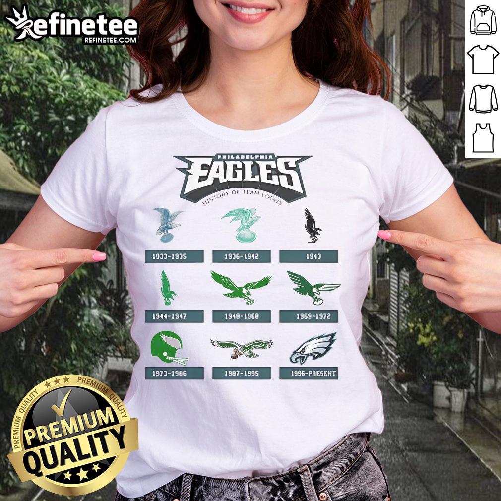 Alt Text: Official Philadelphia Eagles 1933 history of team logos ladies tee showcasing vintage designs and team pride.