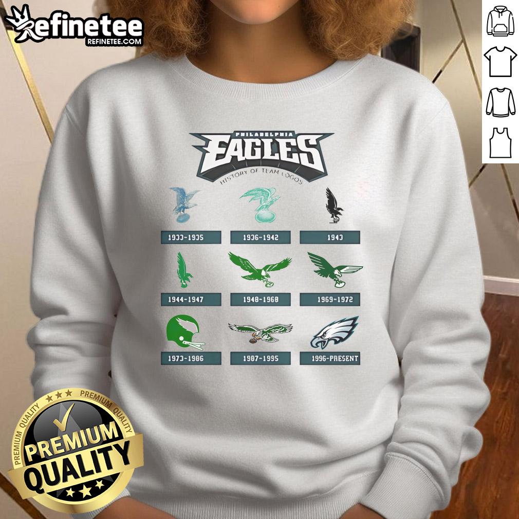 Official Philadelphia Eagles 1933 history of team logos sweatshirt featuring vintage designs and team colors.