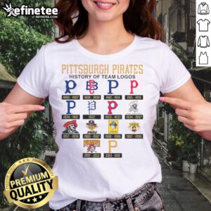 Alt Text: Official Pittsburgh Pirates history of team logos ladies tee showcasing iconic designs and team spirit.