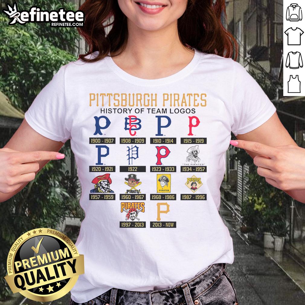 Alt Text: Official Pittsburgh Pirates history of team logos ladies tee showcasing iconic designs and team spirit.