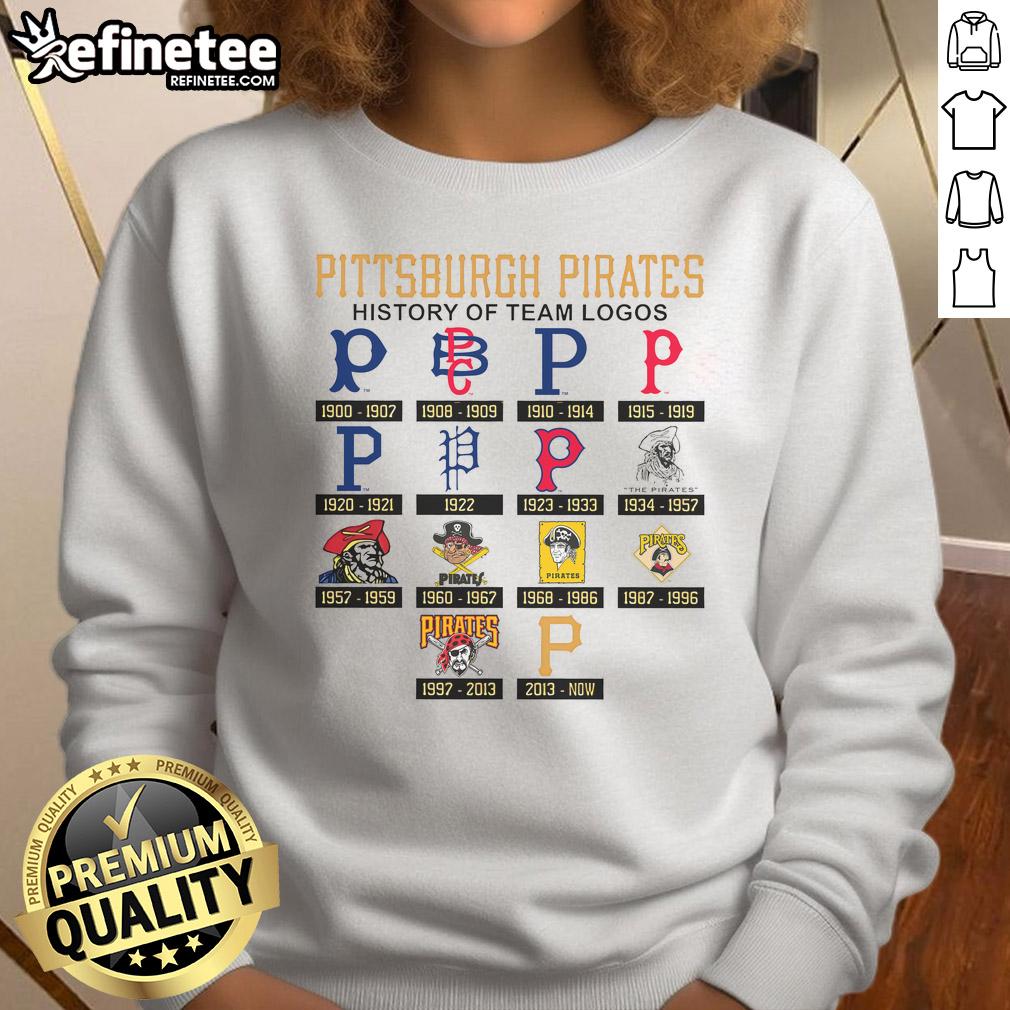 Official Pittsburgh Pirates History of Team Logos Sweatshirt showcasing vintage logo designs and team spirit.