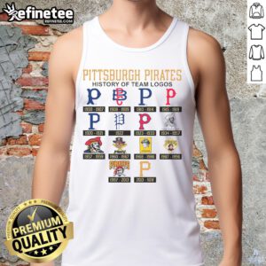 Alt Text: Official Pittsburgh Pirates history of team logos tank top showcasing iconic designs and vibrant colors.