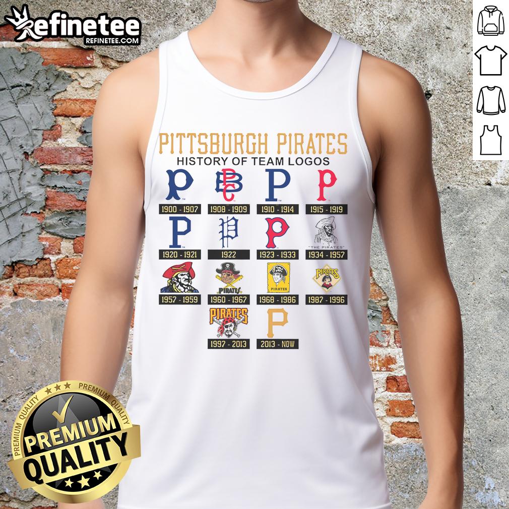 Alt Text: Official Pittsburgh Pirates history of team logos tank top showcasing iconic designs and vibrant colors.