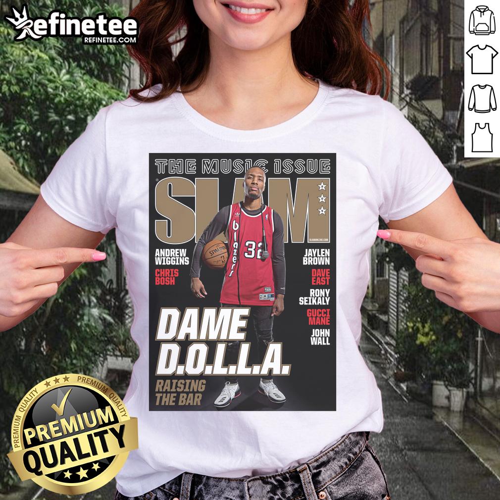 Alt Text: Official Portland Trail Blazers NBA SLAM Damian Lillard retro sports ladies tee featuring vibrant team colors and logo.