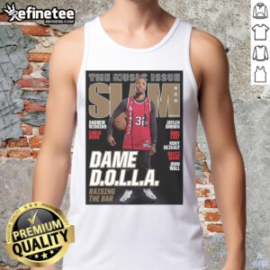 Alt Text: Official Portland Trail Blazers NBA SLAM Damian Lillard retro sports tank top featuring bold team graphics.
