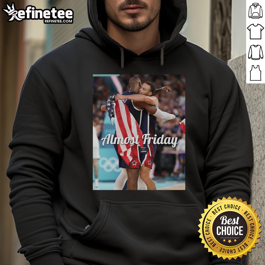 Official Steph Curry and LeBron James USA Olympics hoodie for Almost Friday, showcasing sports style and team spirit.