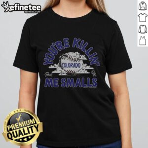 Alt Text: Official The Sandlot x Colorado Rockies You're Killin' Me Smalls ladies tee showcasing a vintage baseball graphic design.