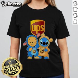 Alt Text: Official UPS Pooh and Stitch Friends Ladies Tee featuring playful designs of Pooh and Stitch in vibrant colors.
