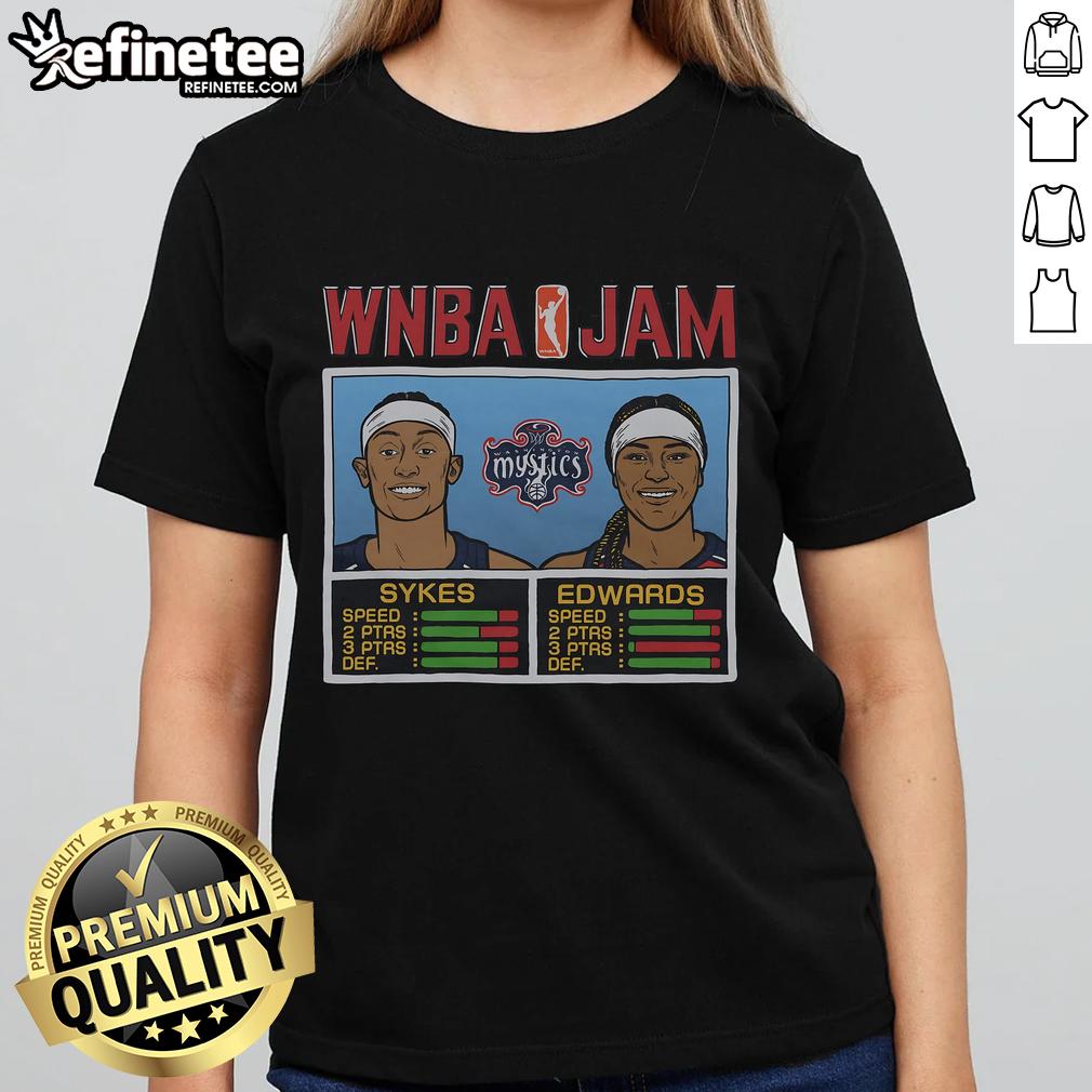 Alt Text: Official WNBA Jam Mystics Sykes and Edwards Ladies Tee featuring vibrant team colors and stylish design.