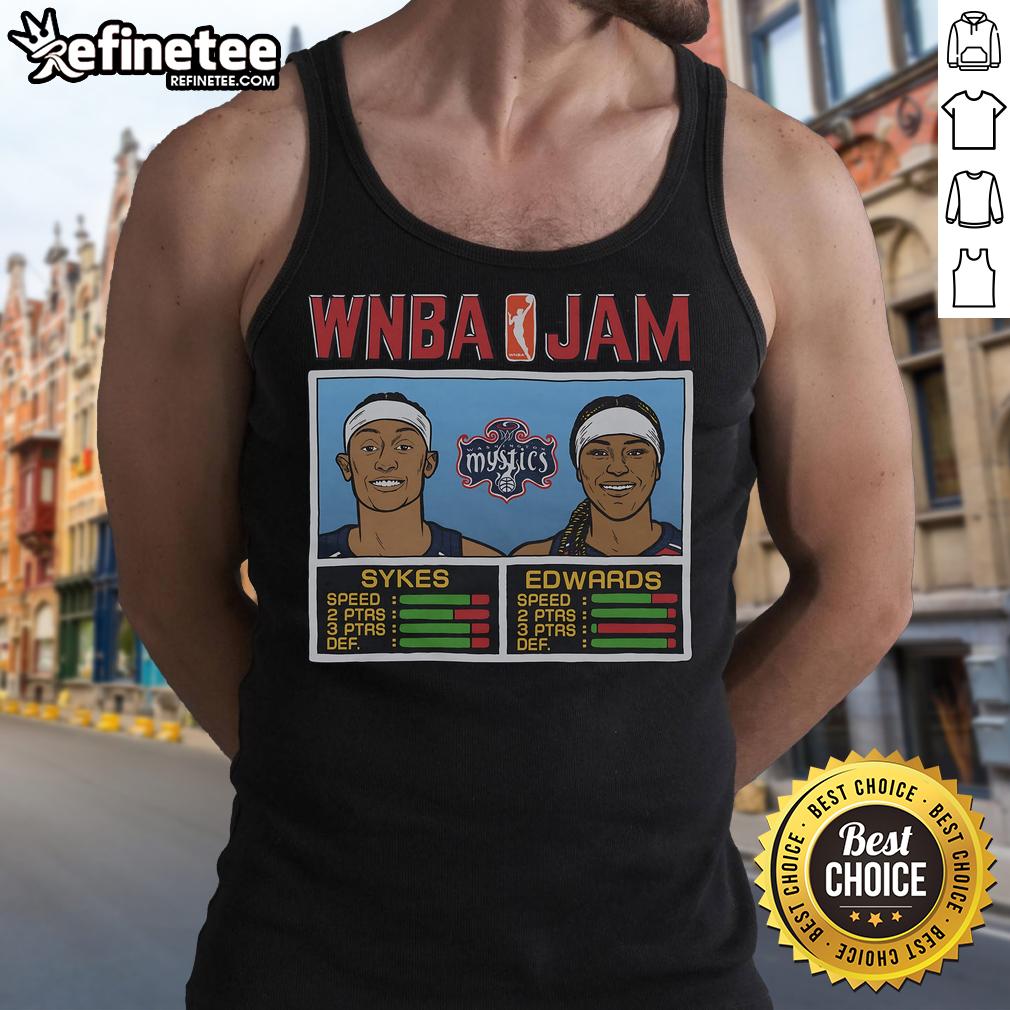 Alt Text: Official WNBA Jam Mystics Sykes and Edwards tank top featuring vibrant team colors and player graphics.