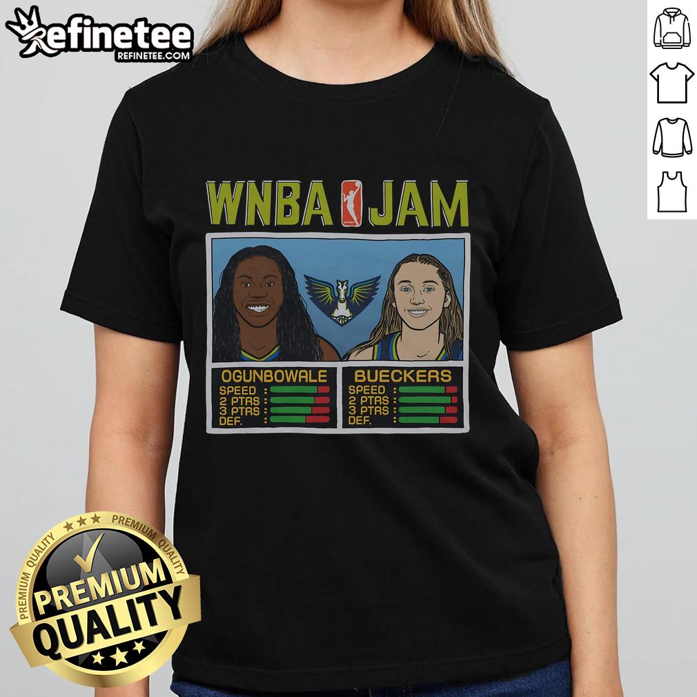 Alt Text: Official WNBA Jam Wings tee featuring Ogunbowale and Bueckers, perfect for women's basketball fans.