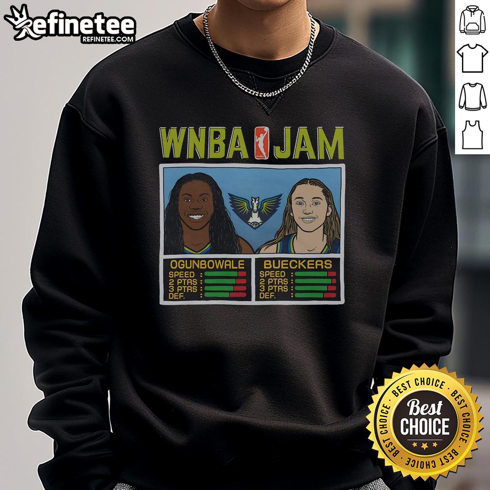 Alt Text: Official WNBA Jam sweatshirt featuring Ogunbowale and Bueckers, perfect for fans and stylish sportswear.