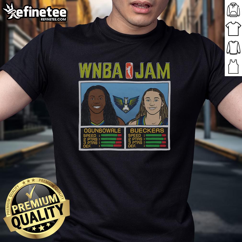 Official WNBA Jam T-Shirt featuring Wings players Ogunbowale and Bueckers, perfect for basketball fans and collectors.