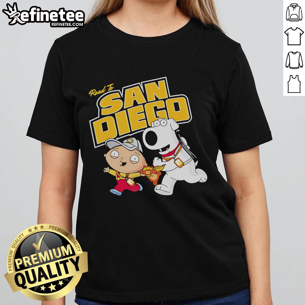 Original The Road To San Diego Family Guy Ladies Tee featuring iconic characters and vibrant design for fans.