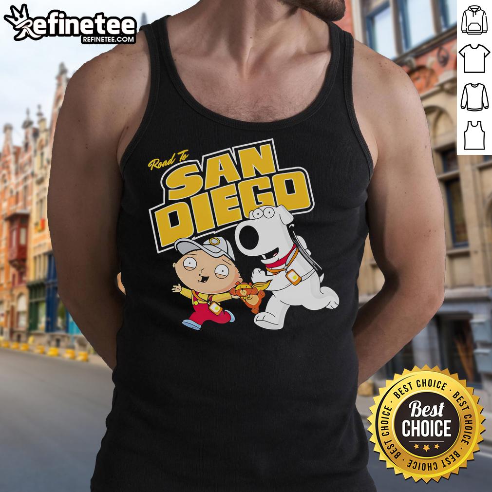 Alt Text: Original The Road To San Diego Family Guy tank top featuring vibrant graphics and a comfortable fit for fans.