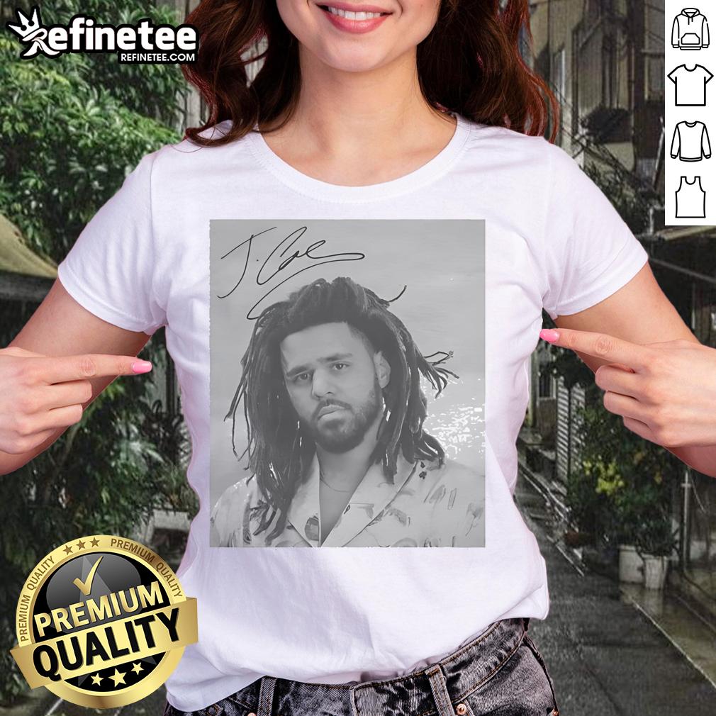 Premium J. Cole sign portrait on a stylish ladies tee, perfect for fans of the artist and trendy streetwear fashion.