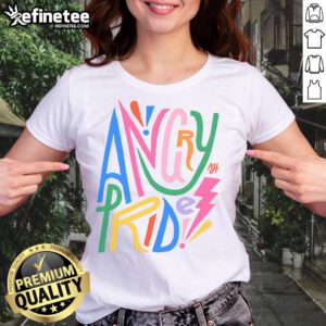 Pretty Angry Pride Ladies Tee featuring vibrant rainbow colors and bold graphics, perfect for celebrating LGBTQ+ pride.