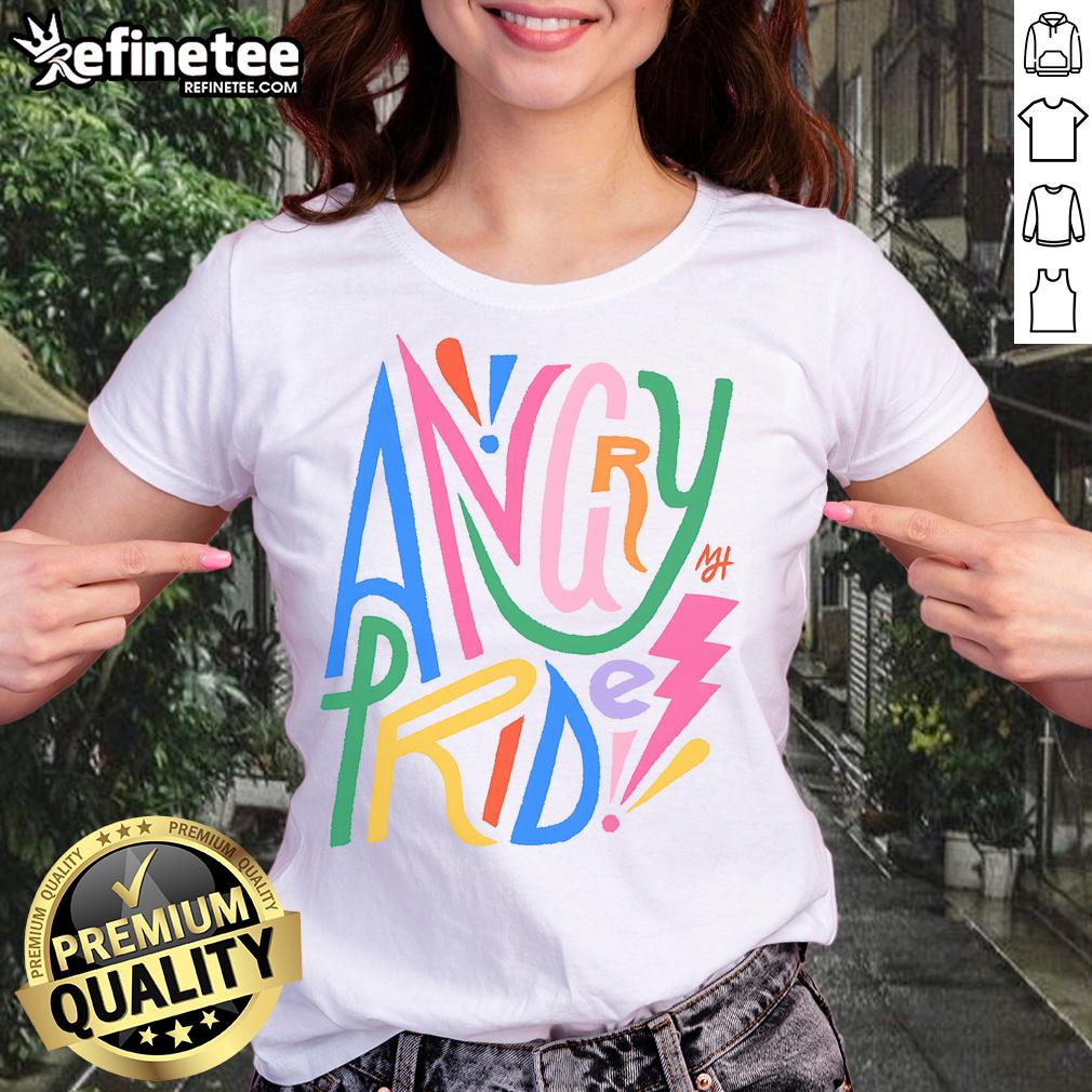 Pretty Angry Pride Ladies Tee featuring vibrant rainbow colors and bold graphics, perfect for celebrating LGBTQ+ pride.