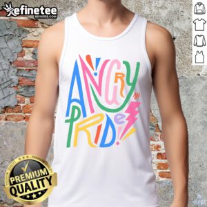 Pretty Angry Pride Tank Top featuring vibrant rainbow colors and bold lettering, perfect for LGBTQ+ pride celebrations.