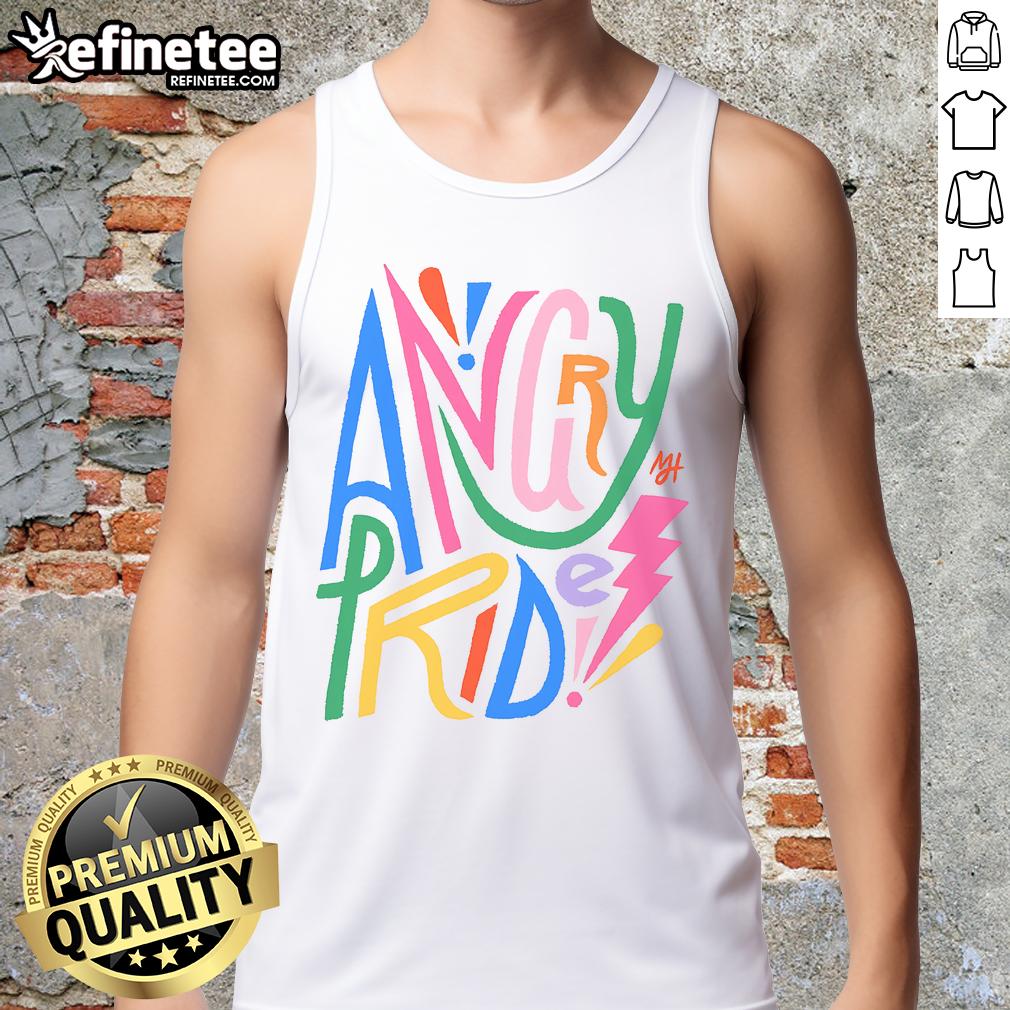 Pretty Angry Pride Tank Top featuring vibrant rainbow colors and bold lettering, perfect for LGBTQ+ pride celebrations.