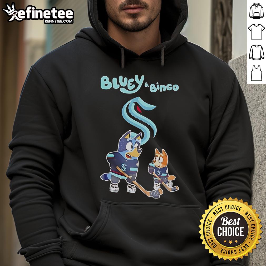 Alt Text: Stylish 2025 Seattle Kraken hoodie featuring Bluey and Bingo, perfect for hockey fans and cozy game days.