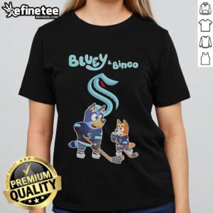 Alt Text: Seattle Kraken Bluey and Bingo 2025 hockey ladies tee featuring vibrant graphics and comfortable fit for fans.