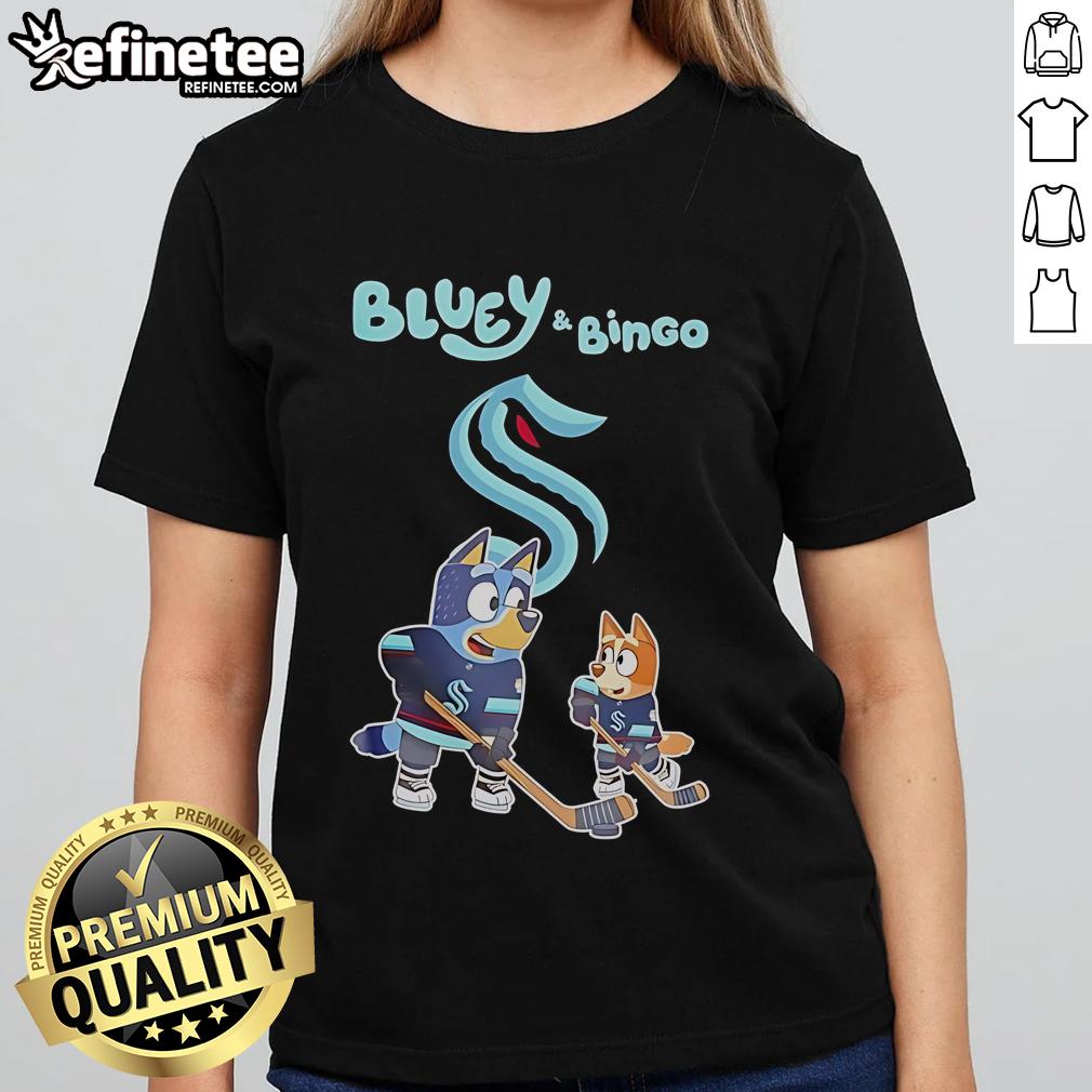 Alt Text: Seattle Kraken Bluey and Bingo 2025 hockey ladies tee featuring vibrant graphics and comfortable fit for fans.