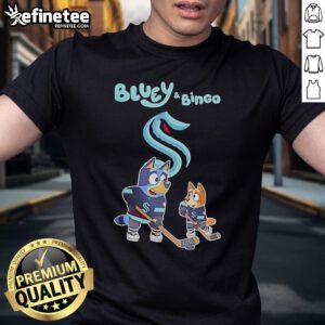 Alt Text: Top Seattle Kraken Bluey and Bingo 2025 hockey t-shirt featuring playful graphics for fans of the NHL team.