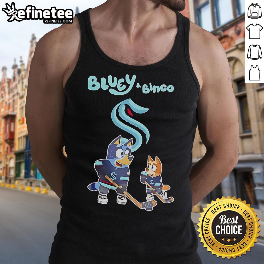 Alt Text: Top Seattle Kraken Bluey and Bingo 2025 hockey tank top featuring vibrant graphics and a stylish design.