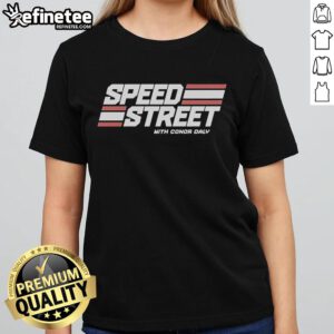 Conor Daly's Top Speed Street Ladies Tee showcasing vibrant design and motorsport style, perfect for racing fans.
