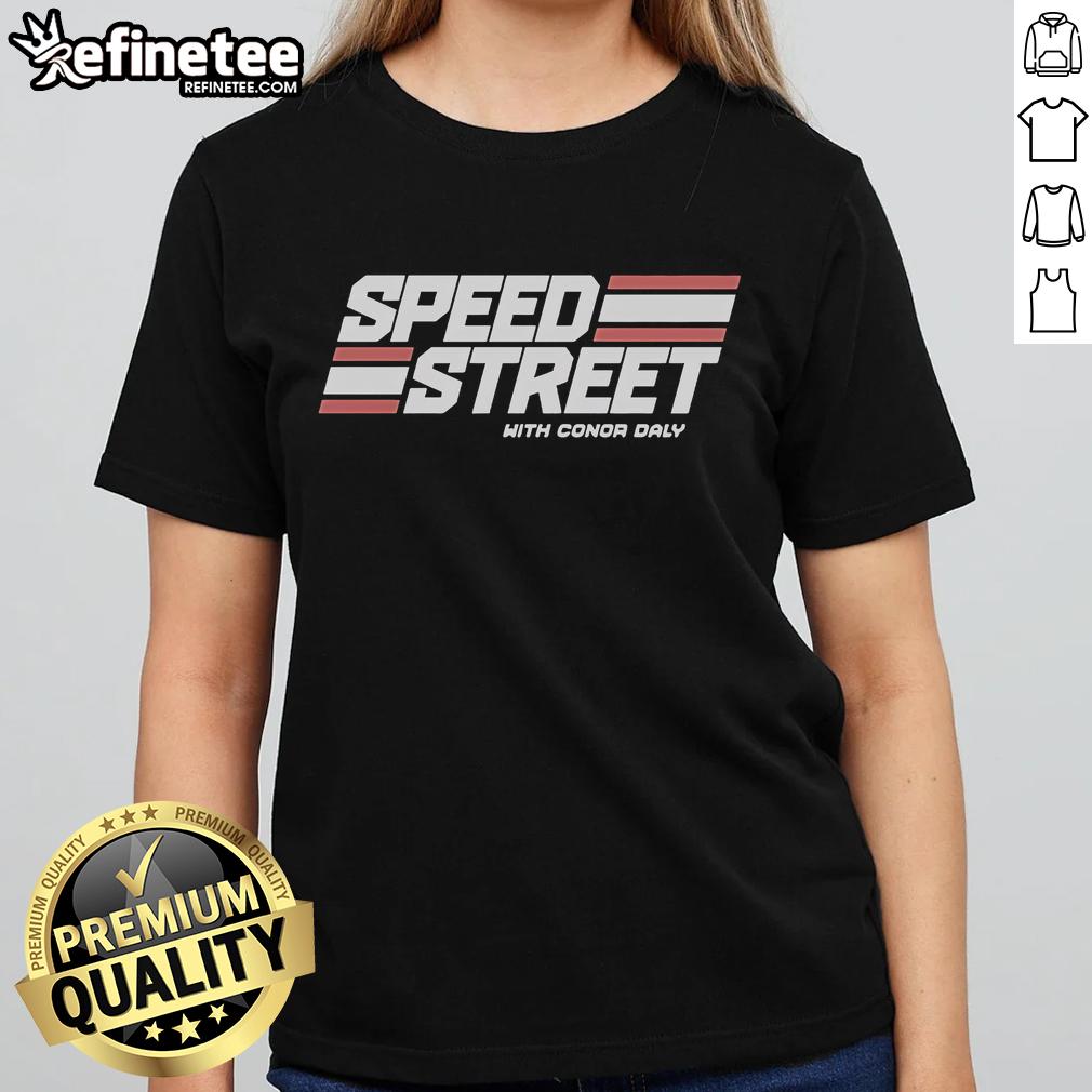 Conor Daly's Top Speed Street Ladies Tee showcasing vibrant design and motorsport style, perfect for racing fans.