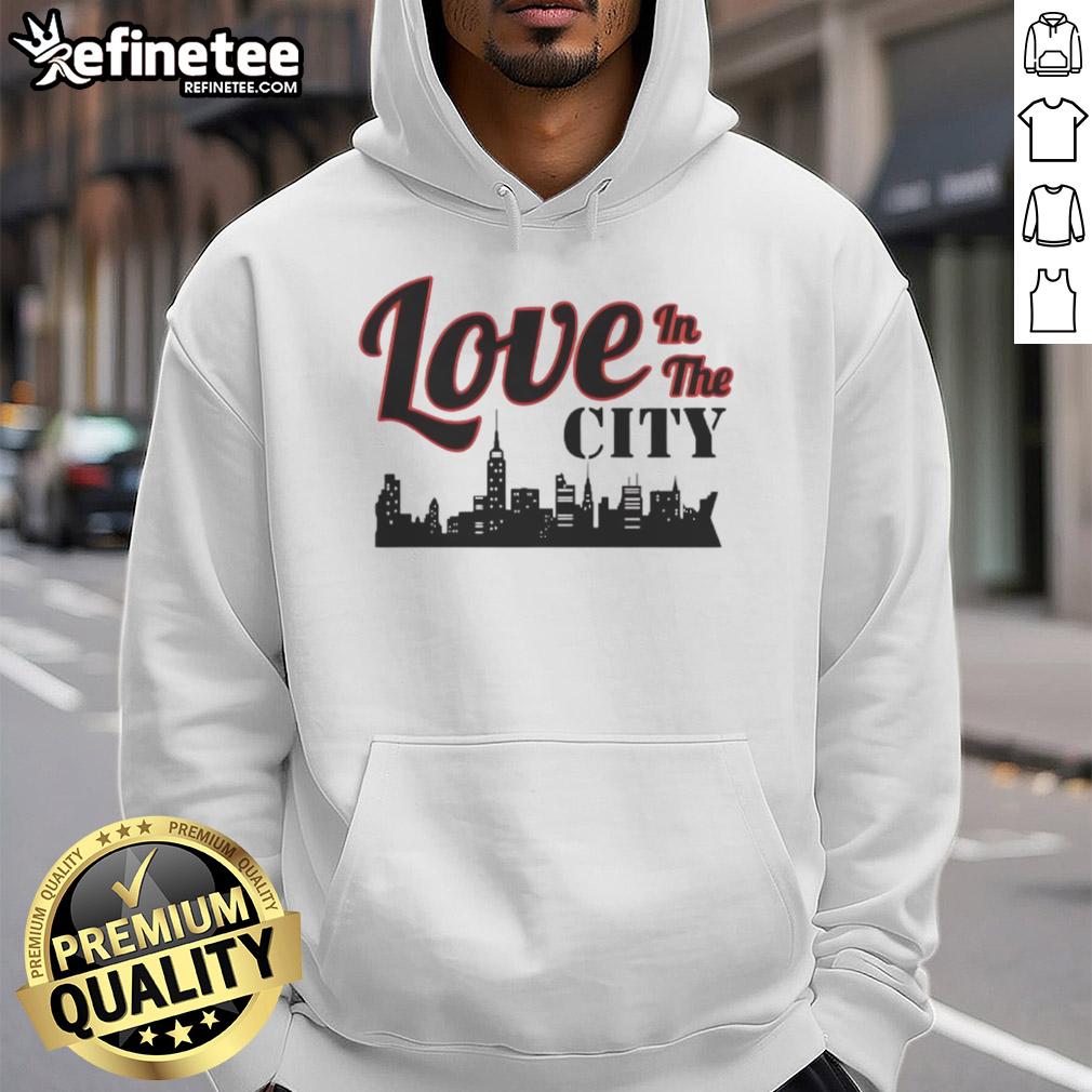 Happy Love in the City Skyline Hoodie featuring a vibrant cityscape design, perfect for urban fashion lovers.