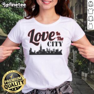 Happy Love in the City Skyline Ladies Tee featuring a vibrant cityscape design perfect for urban fashion lovers.