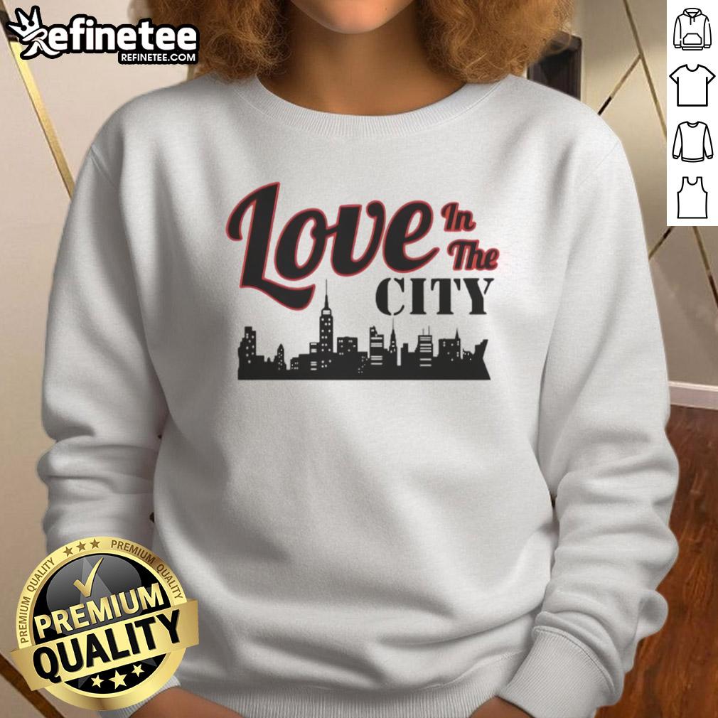 Cozy Happy Love in the City Skyline Sweatshirt featuring a vibrant cityscape design, perfect for urban fashion lovers.