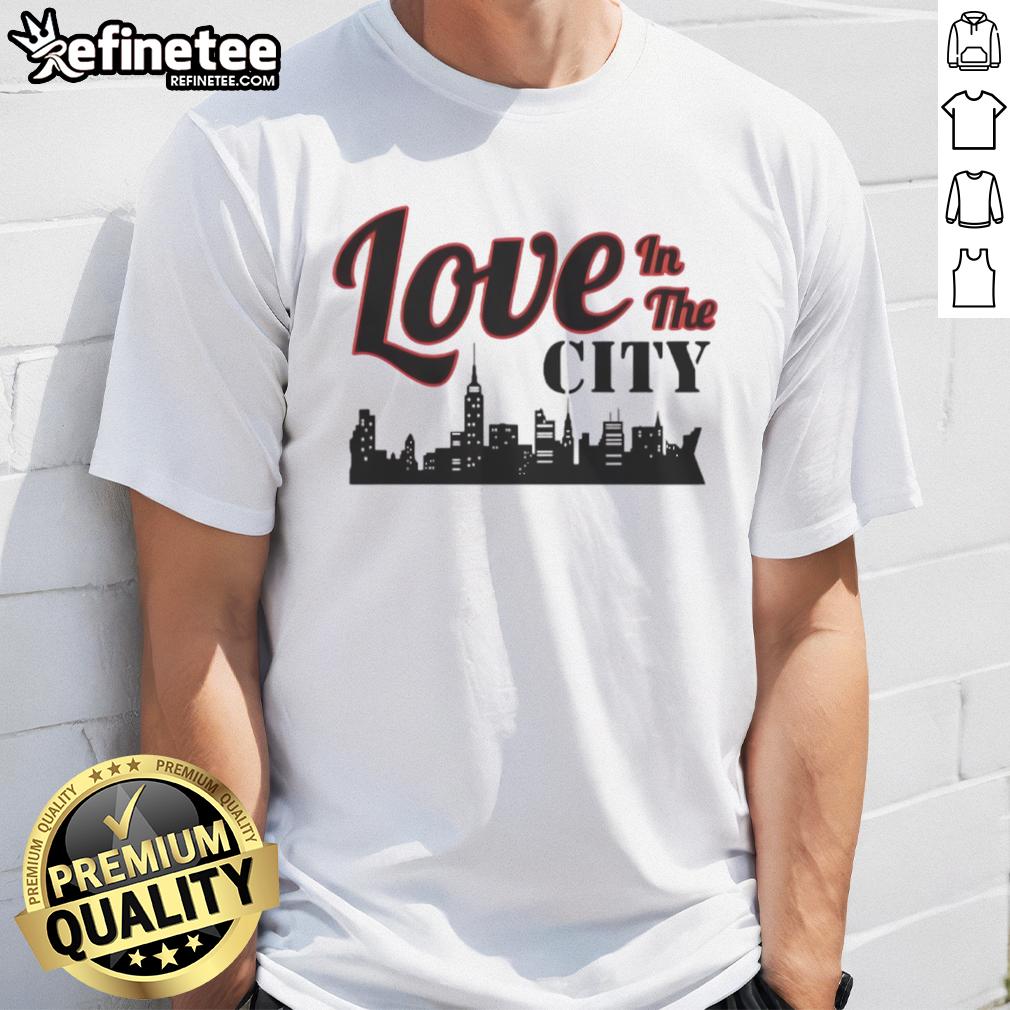 Alt Text: Happy Love In The City Skyline T-Shirt featuring a vibrant city skyline design and a joyful love theme.