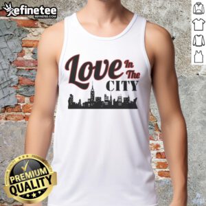 Happy Love in the City Skyline Tank Top featuring a vibrant cityscape design and a cheerful message, perfect for summer wear.