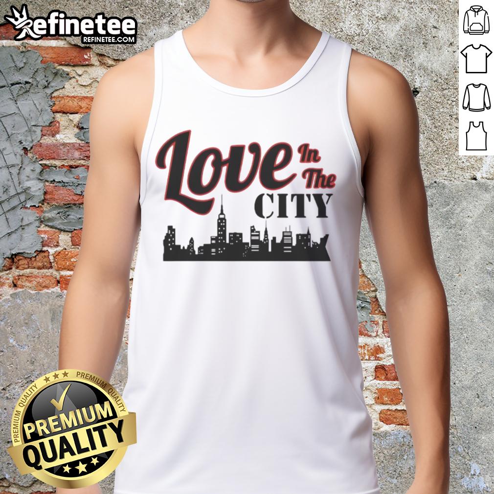 Happy Love in the City Skyline Tank Top featuring a vibrant cityscape design and a cheerful message, perfect for summer wear.