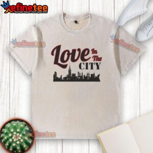 Happy Love in the City Skyline Washed T-Shirt featuring a vibrant city skyline design and a relaxed fit for casual style.