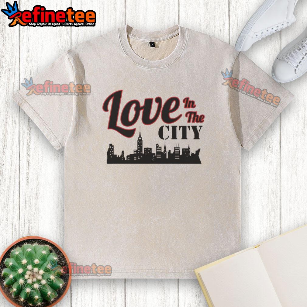 Happy Love in the City Skyline Washed T-Shirt featuring a vibrant city skyline design and a relaxed fit for casual style.