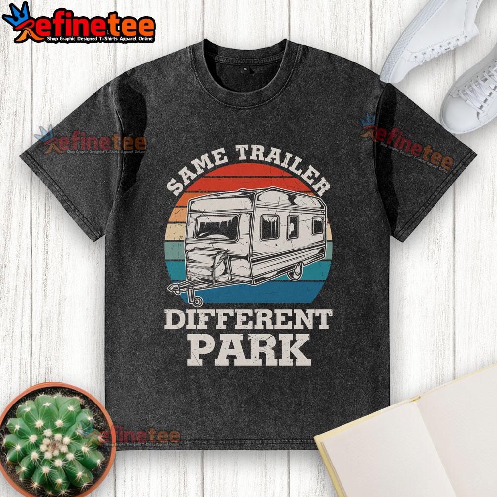 Vintage washed t-shirt featuring a funny RV camper design, perfect for happy campers and outdoor enthusiasts.