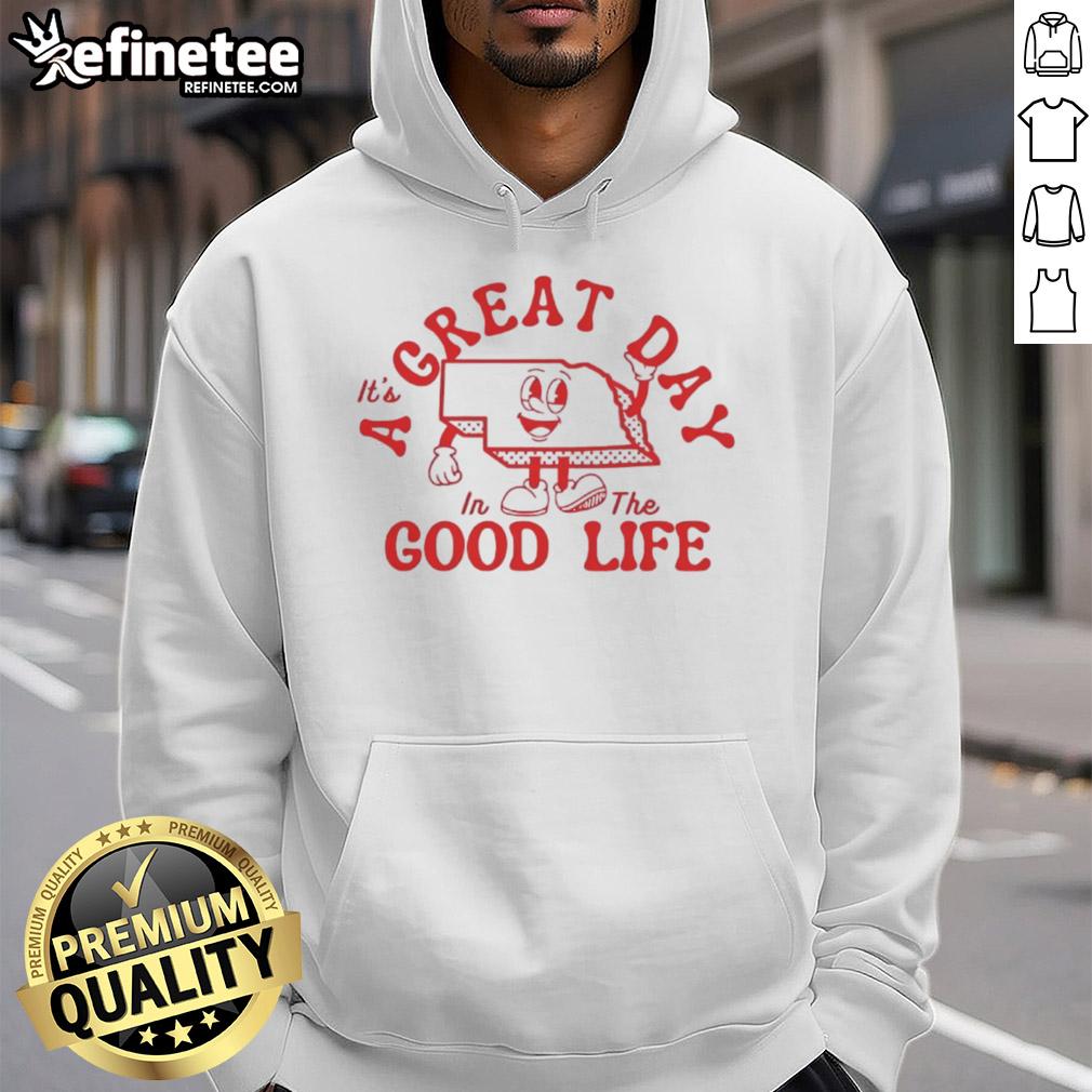 Vintage hoodie featuring 'It's a Great Day in the Good Life' design, perfect for casual wear and uplifting style.