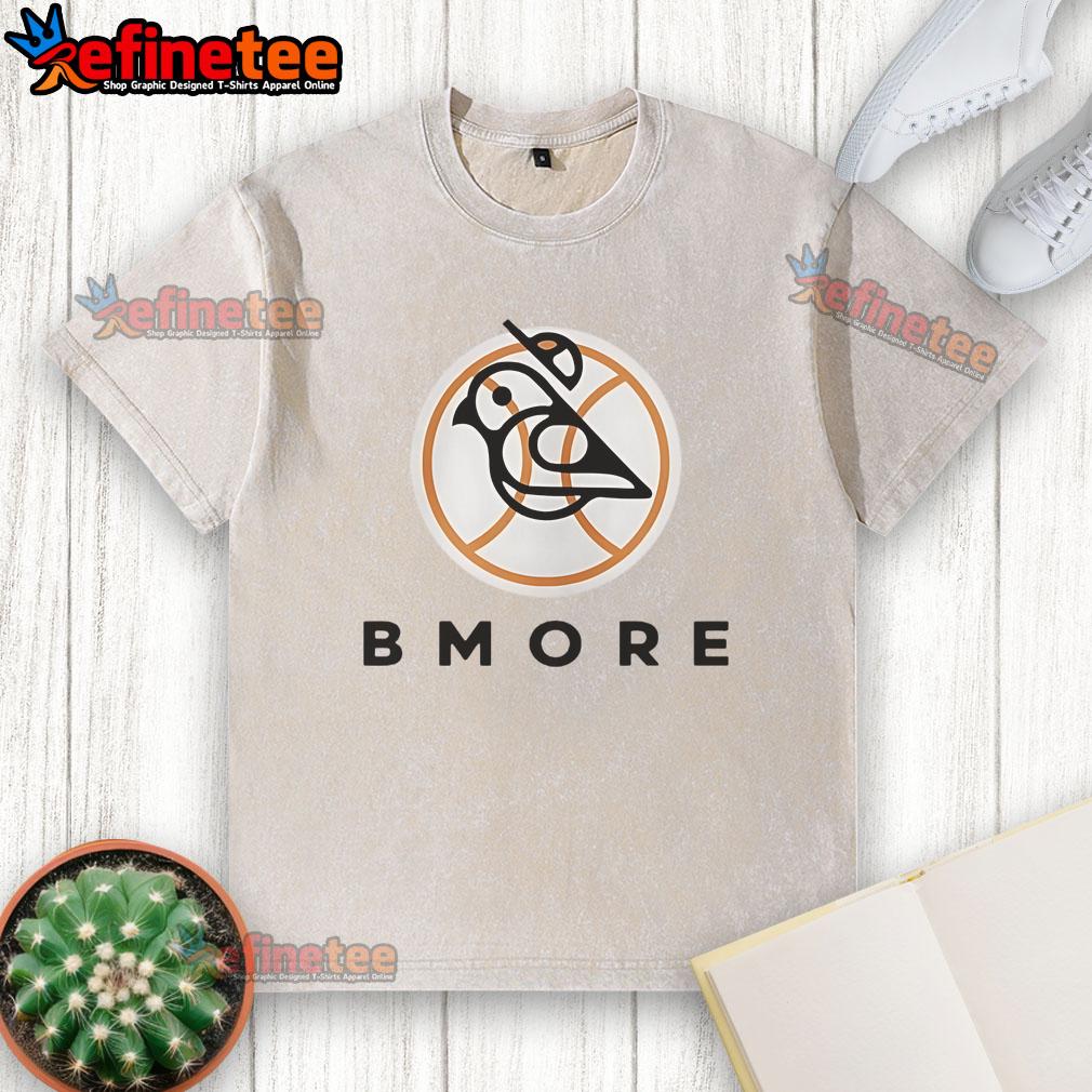 Alt Text: Official Bmore Bird Baltimore Orioles logo on a washed t-shirt, perfect for fans and casual wear.