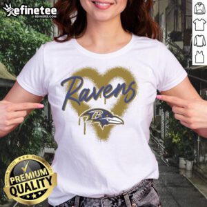 Official Baltimore Ravens Football Spray Heart Ladies Tee in purple, perfect for fans showing team spirit.