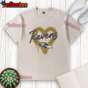 Alt Text: Official Baltimore Ravens Football Spray Heart Washed T-Shirt featuring vibrant team colors and a stylish design.