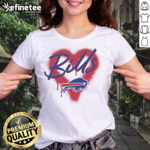 Alt Text: Official Buffalo Bills Football Spray Heart Ladies Tee, featuring a stylish design perfect for game day and fans.