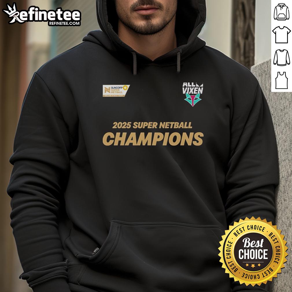 Alt Text: Official Melbourne Vixens 2025 Champions Hoodie in team colors, showcasing pride and celebration for the netball victory.